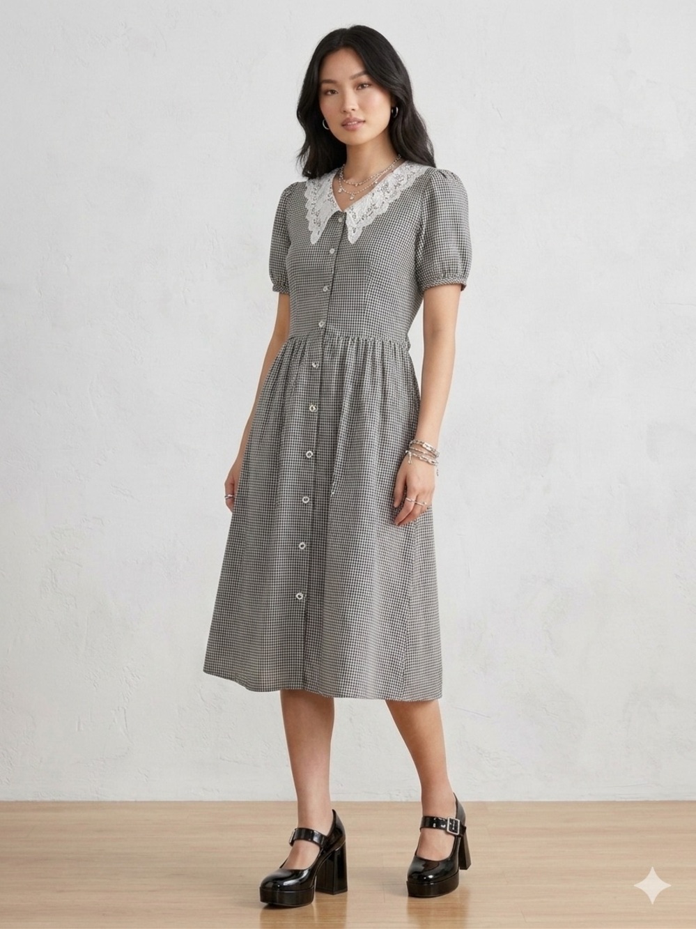 Whimsigoth Peter Pan Lace Statement Collar Midi Dress in Black and White Gingham